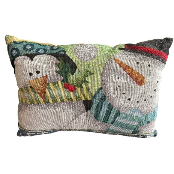 Tapestry Snowman Decorative Throw Pillow With Festive Design  "Let It Snow" Text - Picture 1 of 5